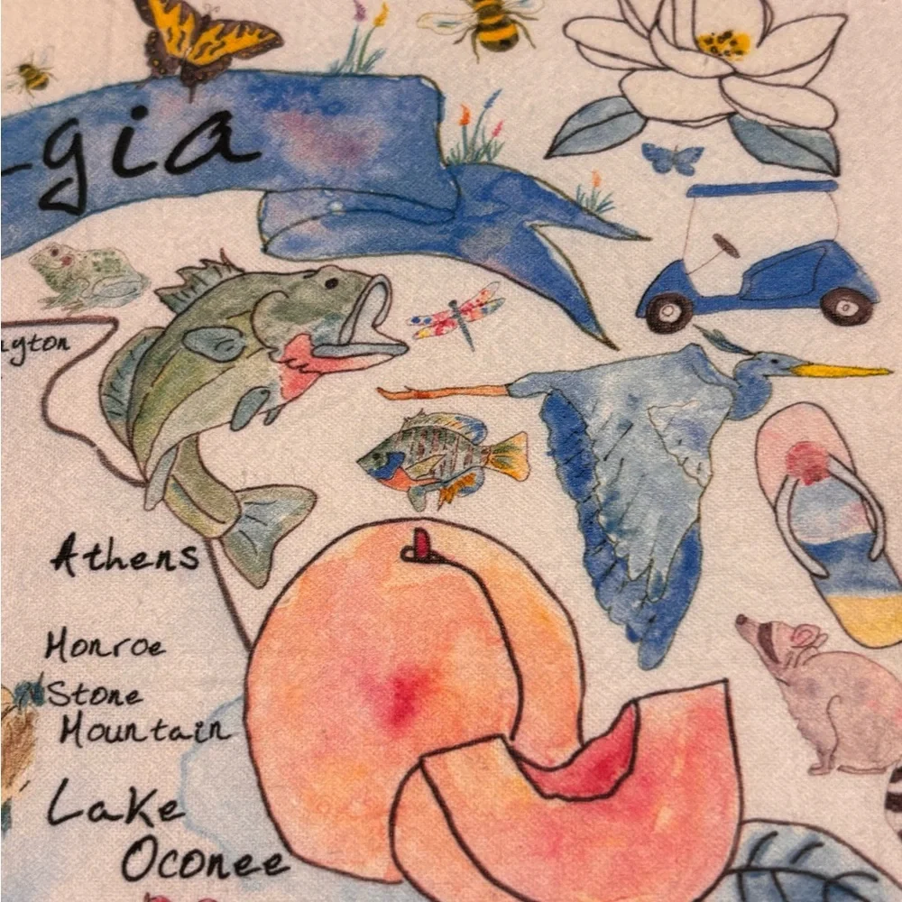 Georgia Map Tea‎ Towel With Local Points Of Interest Made in USA